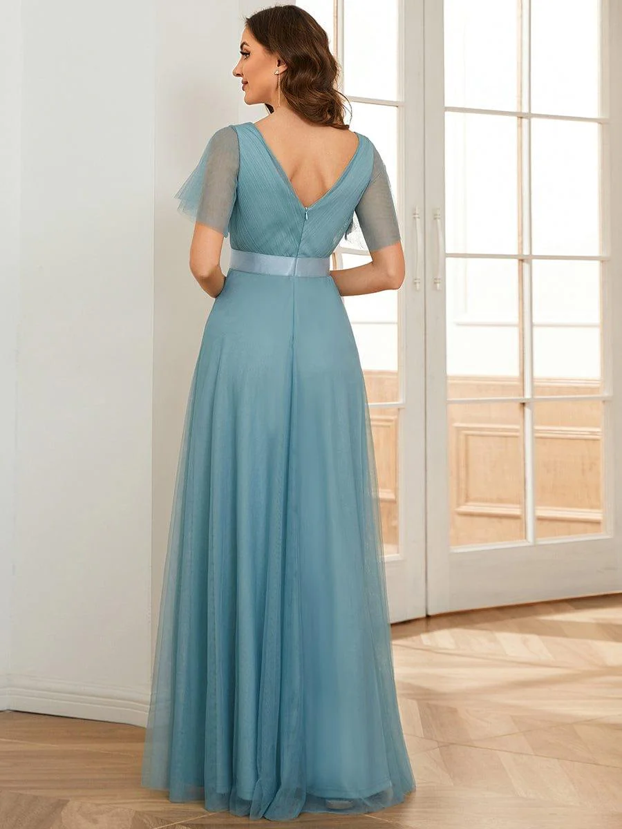 ever MISTE|Women's Double V-Neck Floor-Length Bridesmaid Dress with Short Sleeve - Image 41