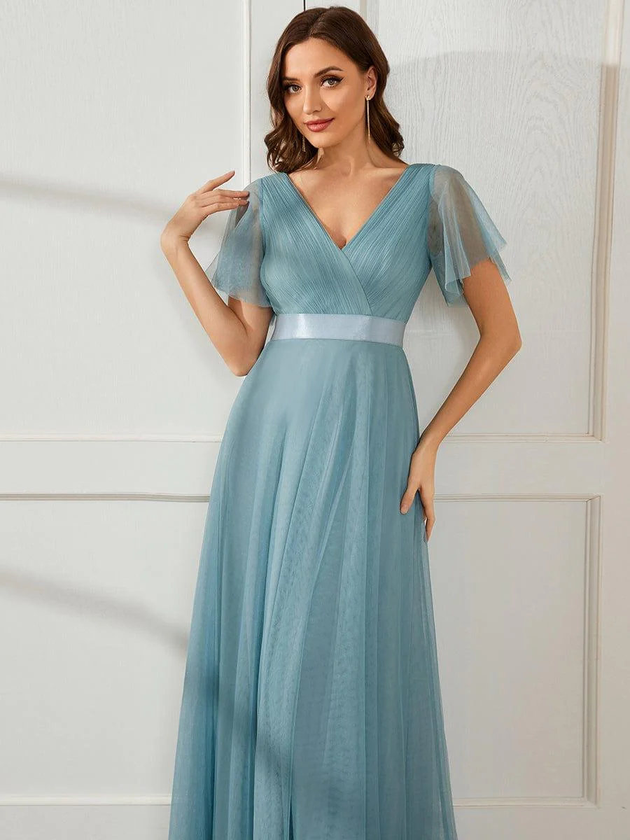ever MISTE|Women's Double V-Neck Floor-Length Bridesmaid Dress with Short Sleeve - Image 42