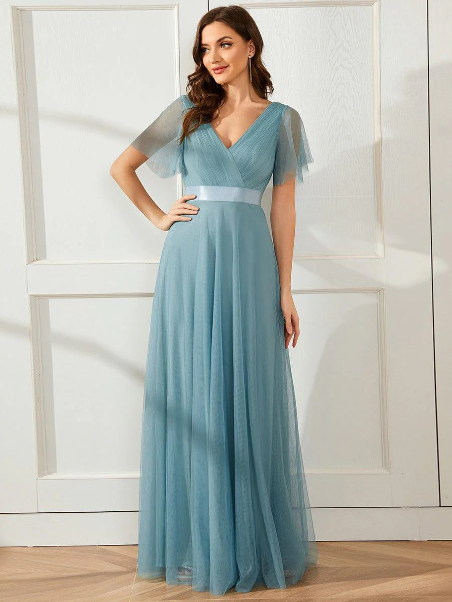 ever MISTE|Women's Double V-Neck Floor-Length Bridesmaid Dress with Short Sleeve - Image 44