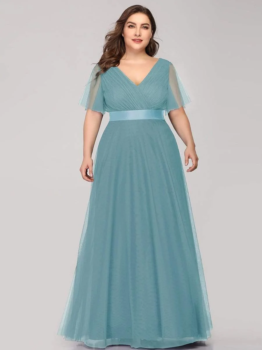 ever MISTE|Women's Double V-Neck Floor-Length Bridesmaid Dress with Short Sleeve - Image 45