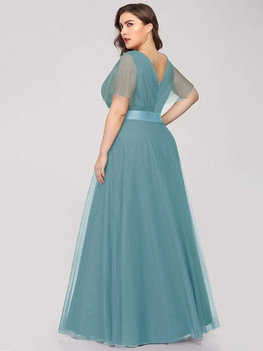 ever MISTE|Women's Double V-Neck Floor-Length Bridesmaid Dress with Short Sleeve - Image 47