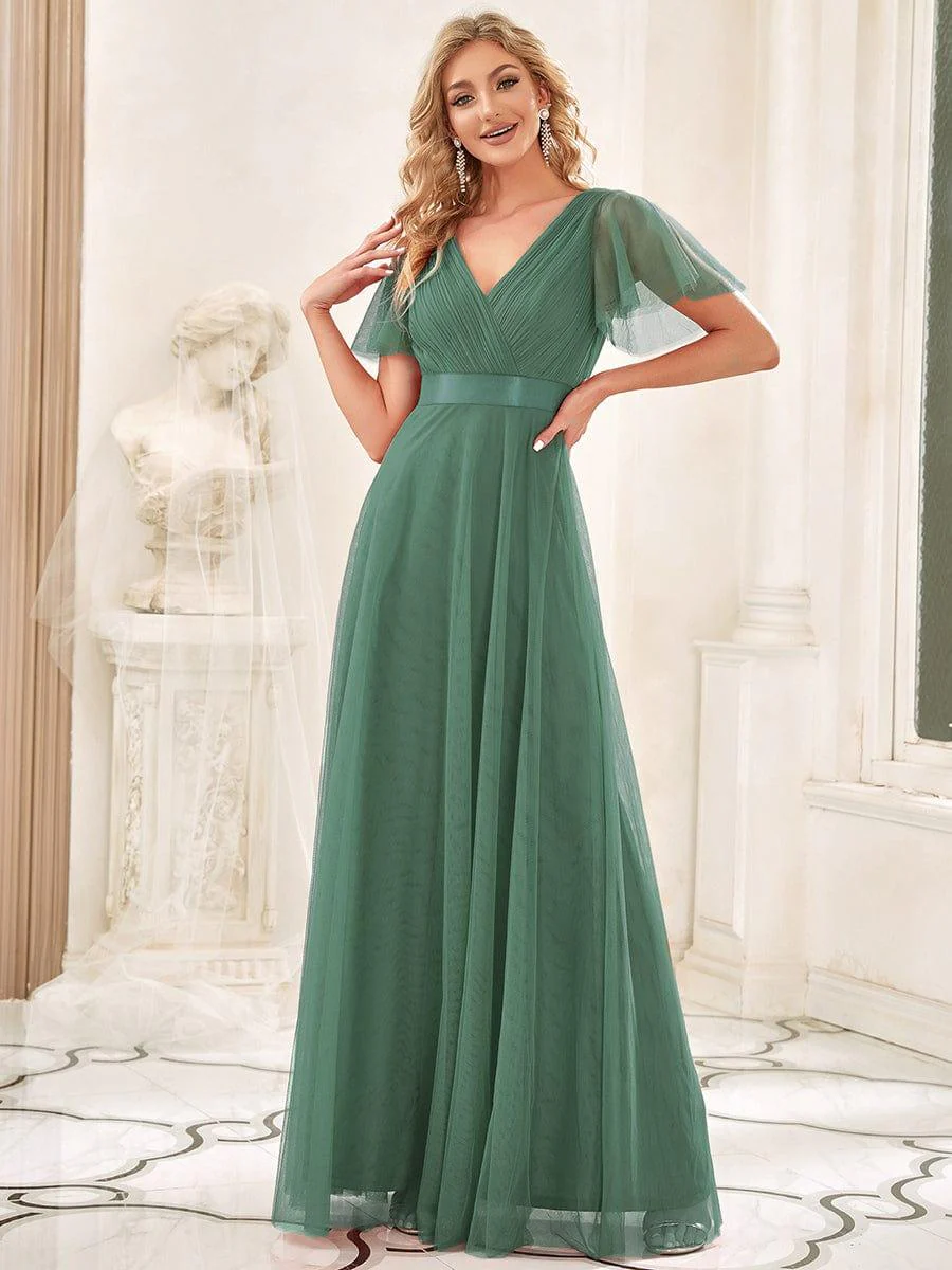 ever MISTE|Women's Double V-Neck Floor-Length Bridesmaid Dress with Short Sleeve - Image 51