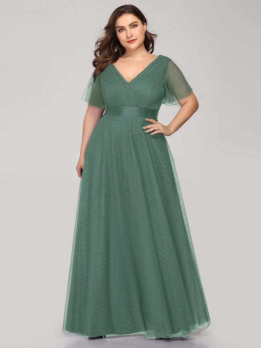 ever MISTE|Women's Double V-Neck Floor-Length Bridesmaid Dress with Short Sleeve - Image 53